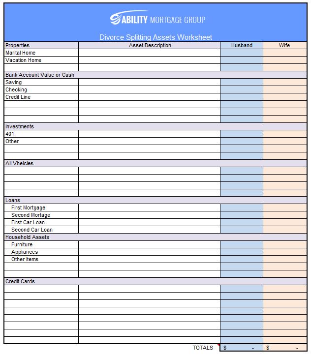 Divorce splitting assets worksheet